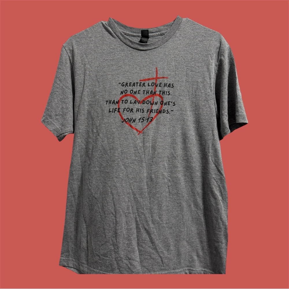 Gildan Heather Gray Short Sleeve Tee with Inspirational Quote Red Heart & Cross